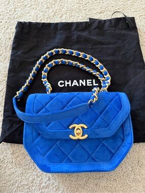 Blue Quilted Suede Shoulder Bag with Gold Chain